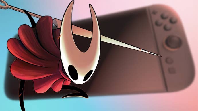 Hollow Knight: Silksong’s Hornet dashing past a Nintendo Switch 2.