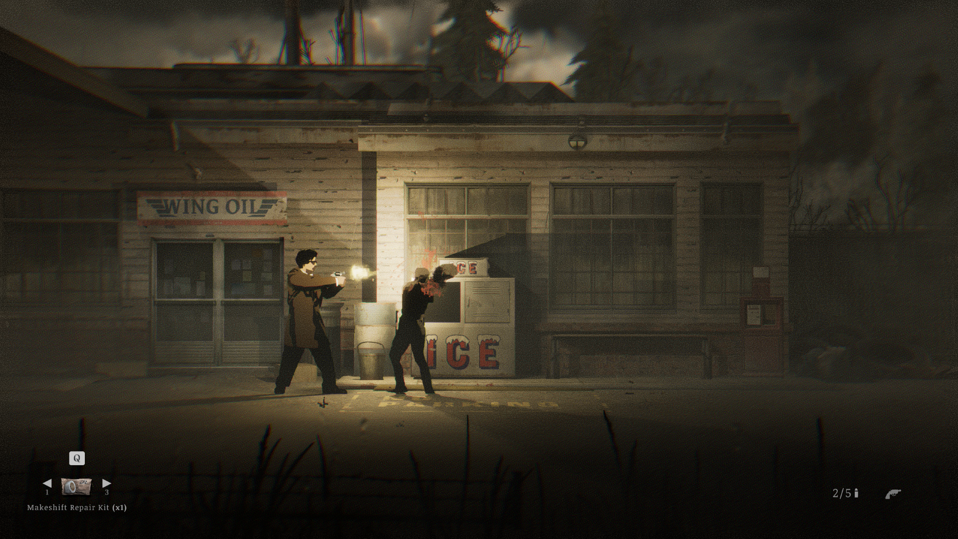 Shooting a monster with a revolver in Silver Pines.