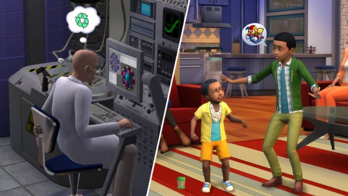 An image of a scientist in The Sims 2 is shown alongside an image of two children talking in The Sims 4