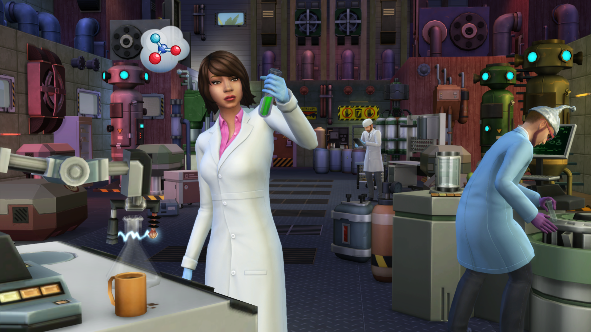 The Sims 4 screenshot showing multiple scientist characters in a lab