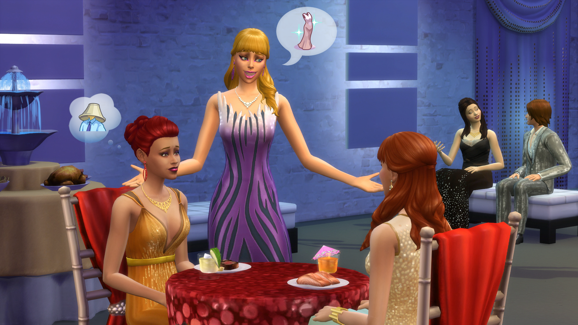 Sims 4 screenshot showing blonde woman standing next to two female Sims sat eating