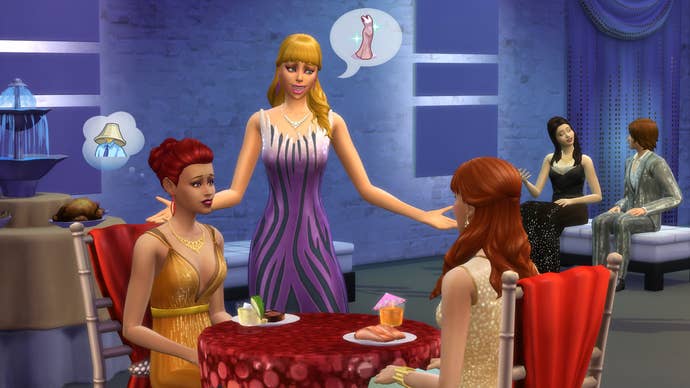 Sims 4 screenshot showing blonde woman standing next to two female Sims sat eating