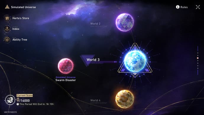 menu of the main simulated universe showing different coloured digital looking planets with shop and ability tree tabs on the upper left hand side and showing points in the bottom left hand corner
