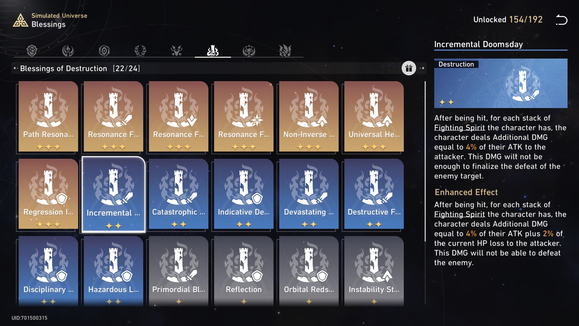 menu of collected blessings showing gold at the top then blue in the middle and finally grey at the bottom, with a blue blessing&rsquo;s description shown on the right
