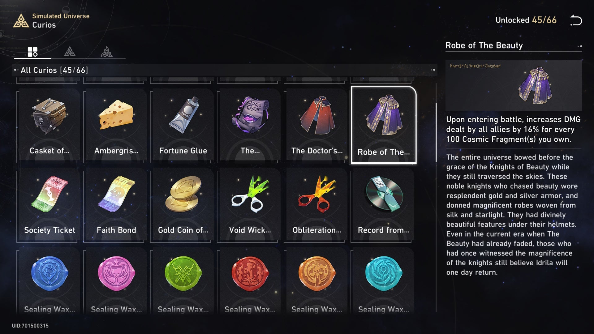 menu of curio collection with a robe curio&rsquo;s description shown to the right