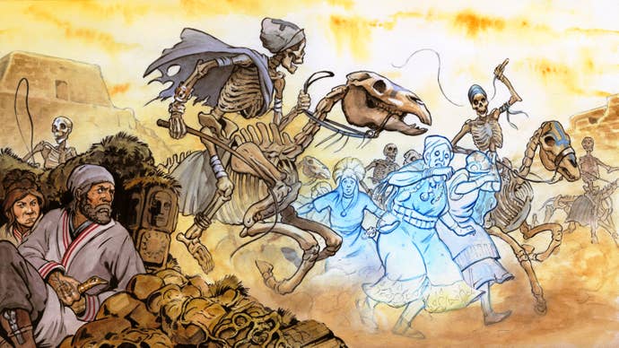 Ket art from Six Ages 2, showing a skeleton army riding into battle on their skeleton horses