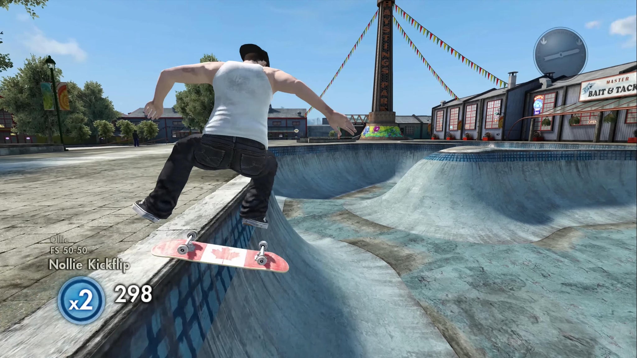 A skateboarder in Skate 3 doing a nollie kickflip in a skatepark. - 7