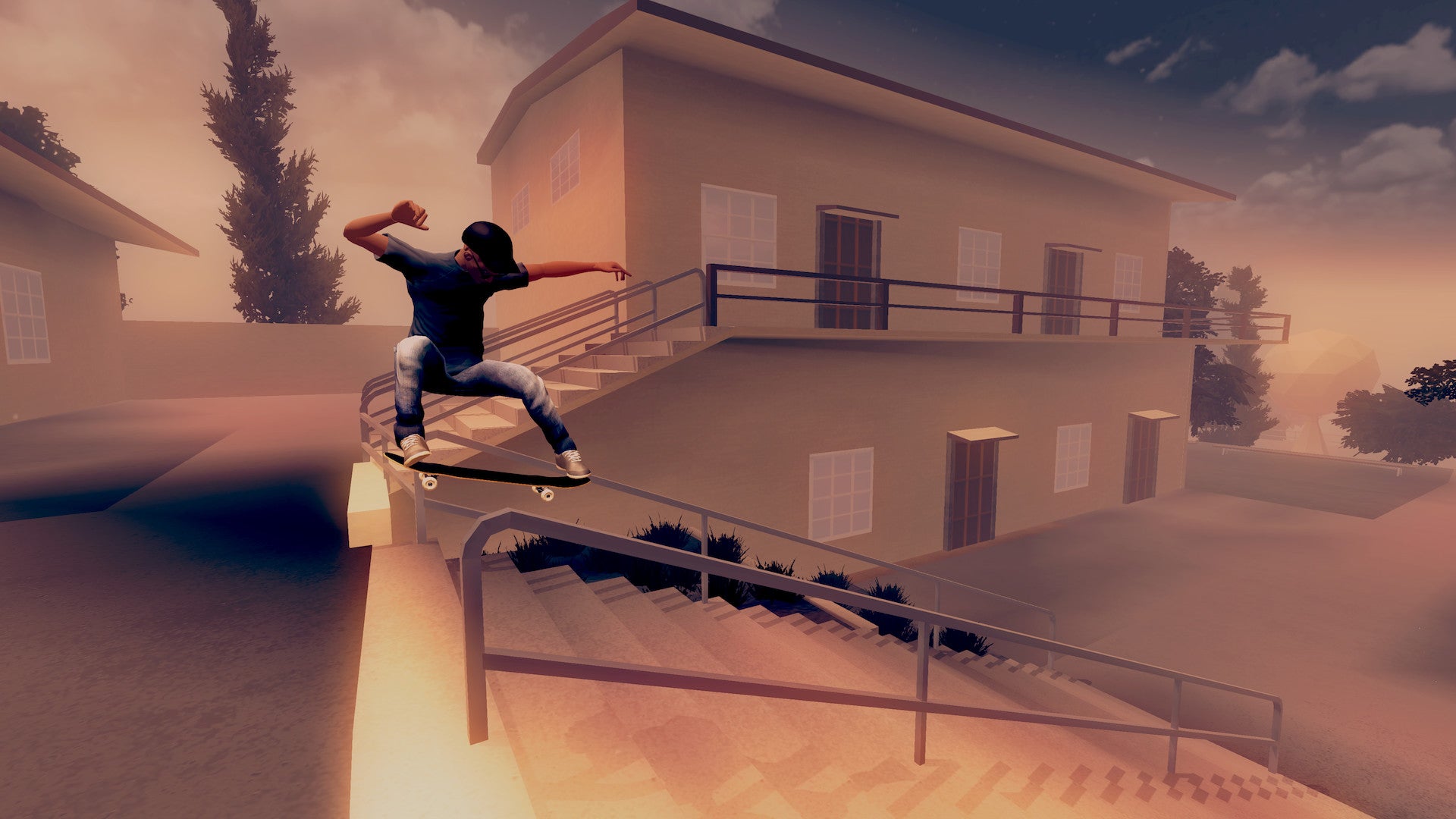 The player character skates along a stair railing in Skate City - 13