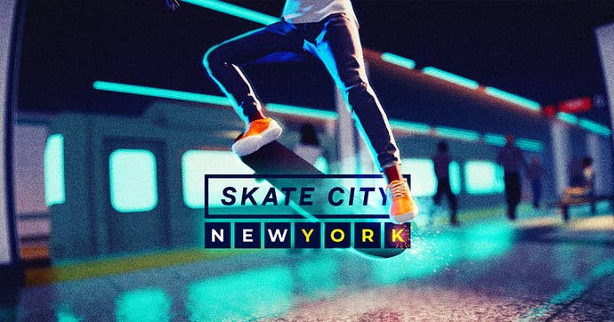 A promo image for Skate City New York with the lower half of a skater ollie-ing on a subway platform.