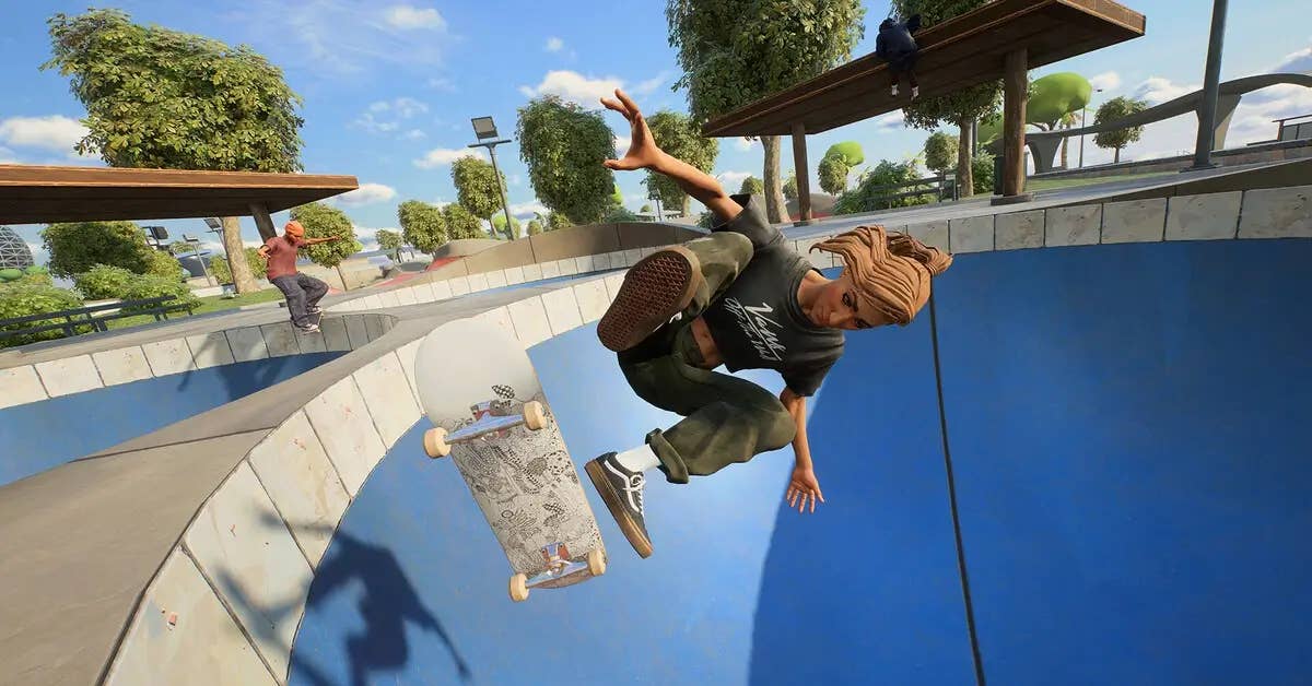 A skater performs a trip in a bowl against a lip in Skate.