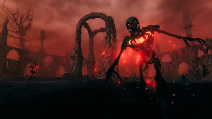 In the foreground, a skeleton with a glowing chest rushes towards the camera, arms outstretched. In the background is a ruined colosseum filled with other skeletal enemies.