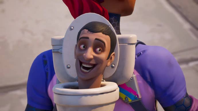 Fortnite trailer screenshot showing Skibidi Toilet backpack with head coming out of a toilet
