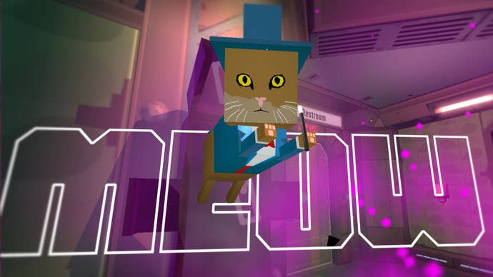 A cat in a hat jumping through the word “Meow”