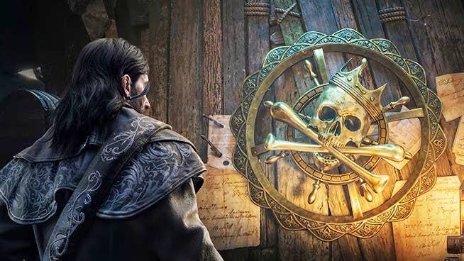 Skull and Bones header image showing a pirate with his back towards the camera and a large skulled pirate medallion on a table
