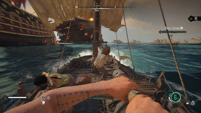 A first-person view of the player steering a ship in Ubisoft's open world game Skull And Bones