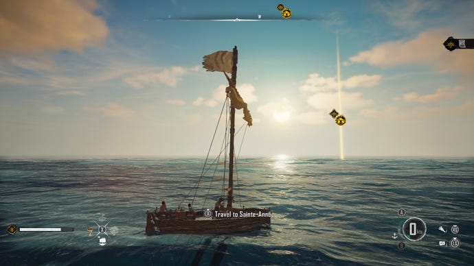 A small ship on open ocean with the low sun visible near a waypoint in Ubisoft's open world game Skull And Bones