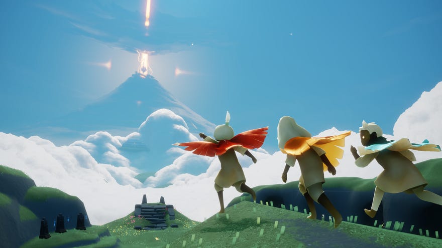 Three travellers run toward a beacon of light over a sea of clouds in a screenshot from Sky: Children Of The Light