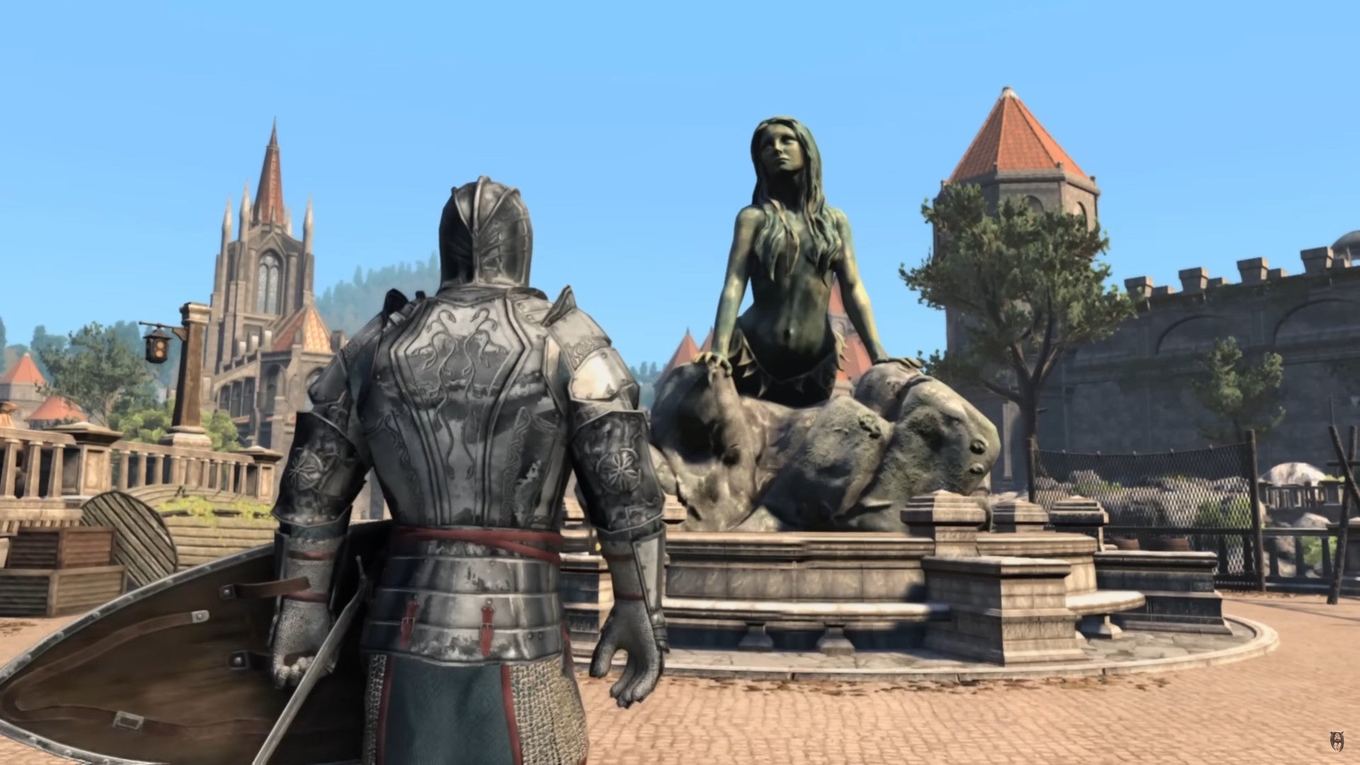 The player approaching Anvil's mermaid statue in Skyblivion. - 1