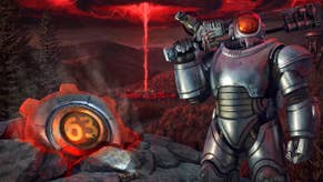 A person in robot armour stands next to the blast door of Vault 63 in front of a red electrical storm in Fallout 76