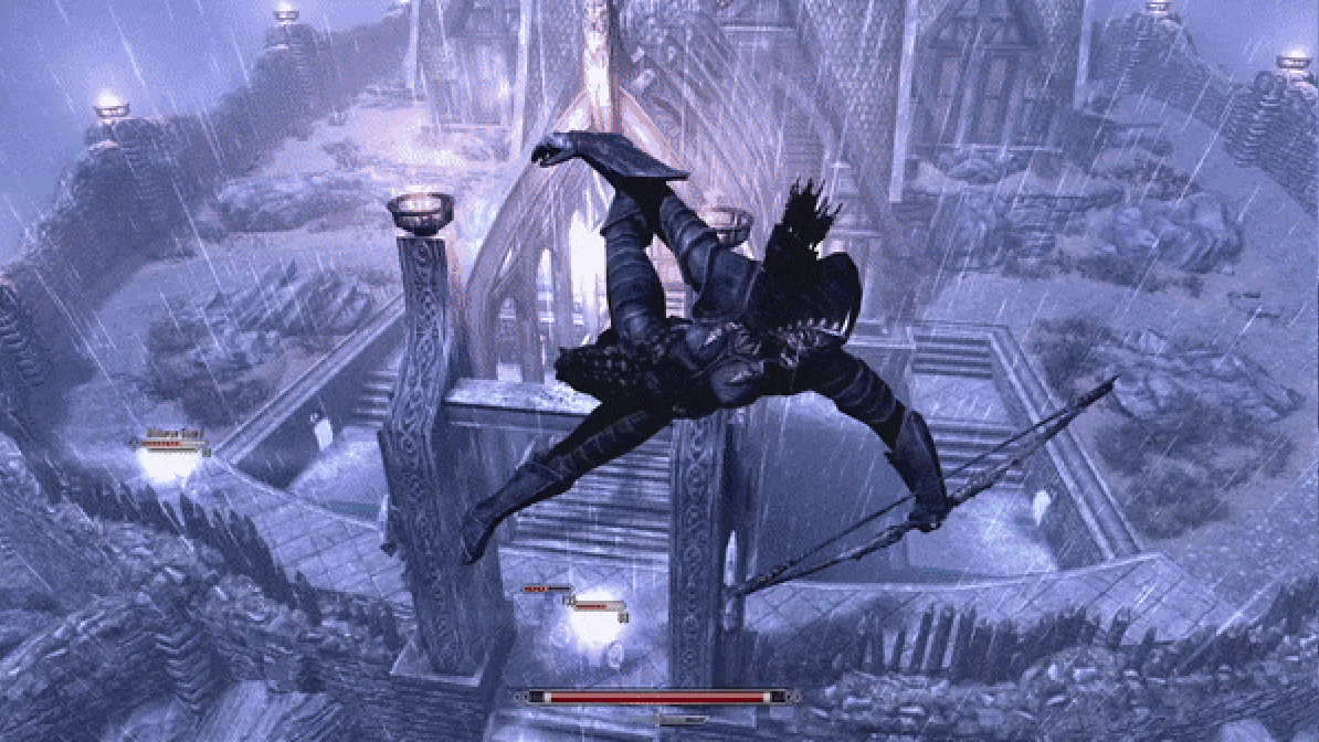 A screenshot from Skyrim&rsquo;s Everyone Is The Dragonborn mod showing the OG Dragonborn flying through the air, on the receiving end of a Fus Ro Dah