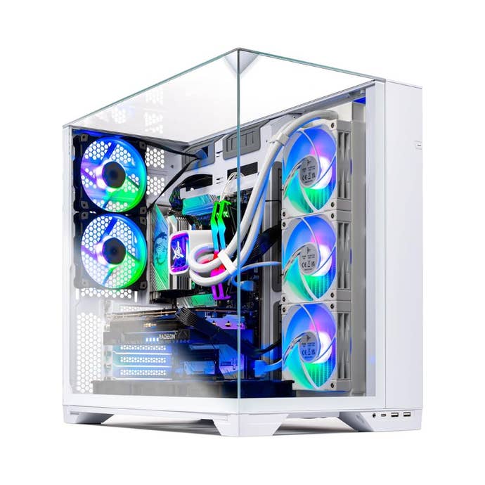 Skytech O11 Vision Gaming PC Desktop, Ryzen 7 9800X3D 4.7 GHz (5.2 GHz Turbo Boost), AMD RX 9070 XT 16GB GDDR6, 2TB Gen4 NVMe SSD, 32GB DDR5 RAM 6000 RGB, 850W Gold ATX 3.0 PSU on a white background