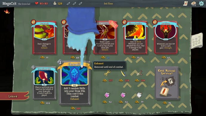A hand selects a card from a table in Slay The Spire