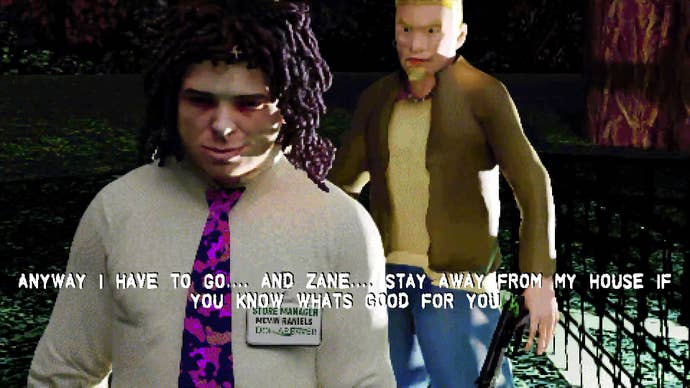 A man in a shirt and tie walks towards the screen while a man in a jacker stands behind him. The subtitle on screen reads “Anyway, I have to go…. and Zane… stay away from my house if you know what’s good for you”.