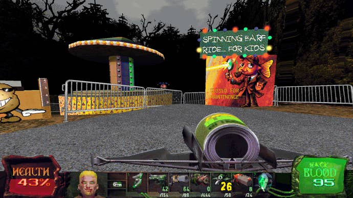 A run down theme park. A large sign shows a fish dressed like a detective. The sign above reads: “Spinning barf ride for kids”