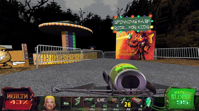 A run down theme park. A large sign shows a fish dressed like a detective. The sign above reads: “Spinning barf ride for kids”