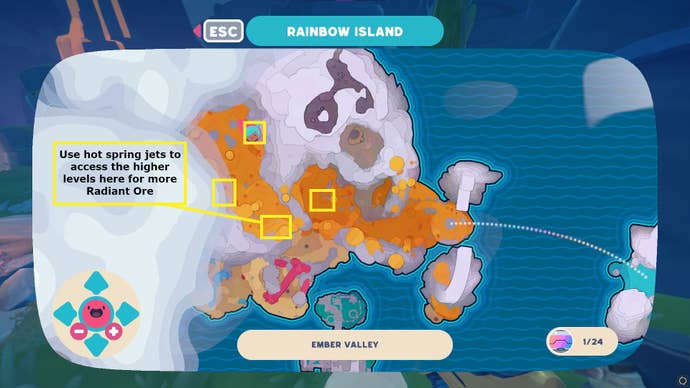 Various Radiant Ore locations are marked on a map of Slime Rancher 2's Ember Valley