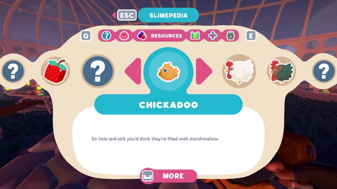 The description of a Chickadoo in the Slime Rancher 2 Slimepedia is shown