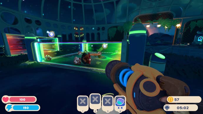 A player looks at their chicken coop, with a Hen Hen and Roostro inside, in Slime Rancher 2