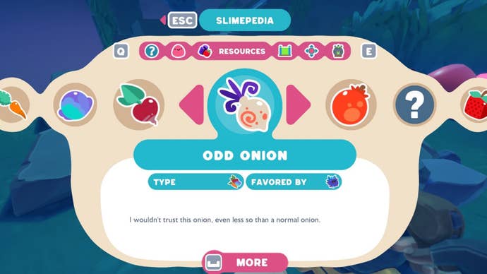 The description of an Odd Onion in the Slime Rancher 2 Slimepedia is shown