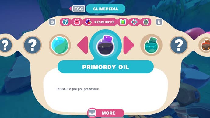 The description for Primordy Oil in Slime Rancher 2's Slimepedia is shown