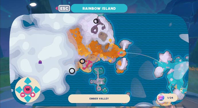 The Ember Valley map with Silky Sand locations marked, in Slime Rancher 2