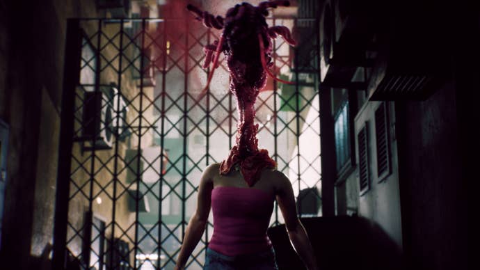 A screenshot from Slitterhead showing part of a cinematic. It’s a woman in a pink tube top from the neck down, but where her head should be is a meaty, sinewy throat and a red mass of flesh and appendages.