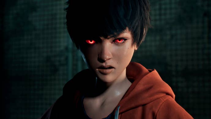 A screenshot from Slitterhead showing an Asian girl with dark hair in a pixie cut wearing an orange hoodie. Her eyes glow red.