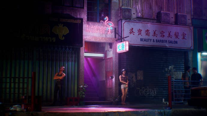 A screenshot from Slitterhead showing part of a cut-scene. Bathed in pink neon light, you can see four people standing on the street. Only one looks of interest to us; she’s standing outside a door with “Flamingo Massage” in neon lights above the entry.