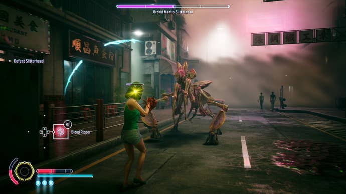 A human faces off with a Slitterhead, this one called Orchid Mantis Slitterhead. Unsurprisingly, it looks like a giant mantis, ready to strike. The woman has the “Blood Ripper” ability selected and is currently boasting half her life bar. To the left are two blue arcs that indicate a Deflect (parry) is possible here. The yellow glow shows that behind the woman is another human body that spirit Hyoki can inhibit and jump to.