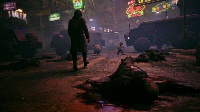 A screenshot from Slitterhead showing a man walking across a zebra crossing, bodies littering the ground. Neon lights glow in the background.