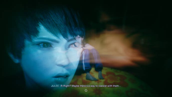 A screenshot from Slitterhead showing the “inter-missions” section where Hyoki can converse with the human Rarities he encounters. This is Julee. Highly stylised, it shows Julee sat on the ground, knees pulled against her, whilst a blue-hued close-up of her face is superimposed on top. She is saying: “R-Right? Maybe there’s a way to coexist with them…"