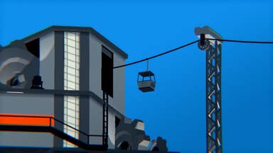 A cable car moves away from an industrial building towards a gantry in this screen from Small Radios Big Televisions.