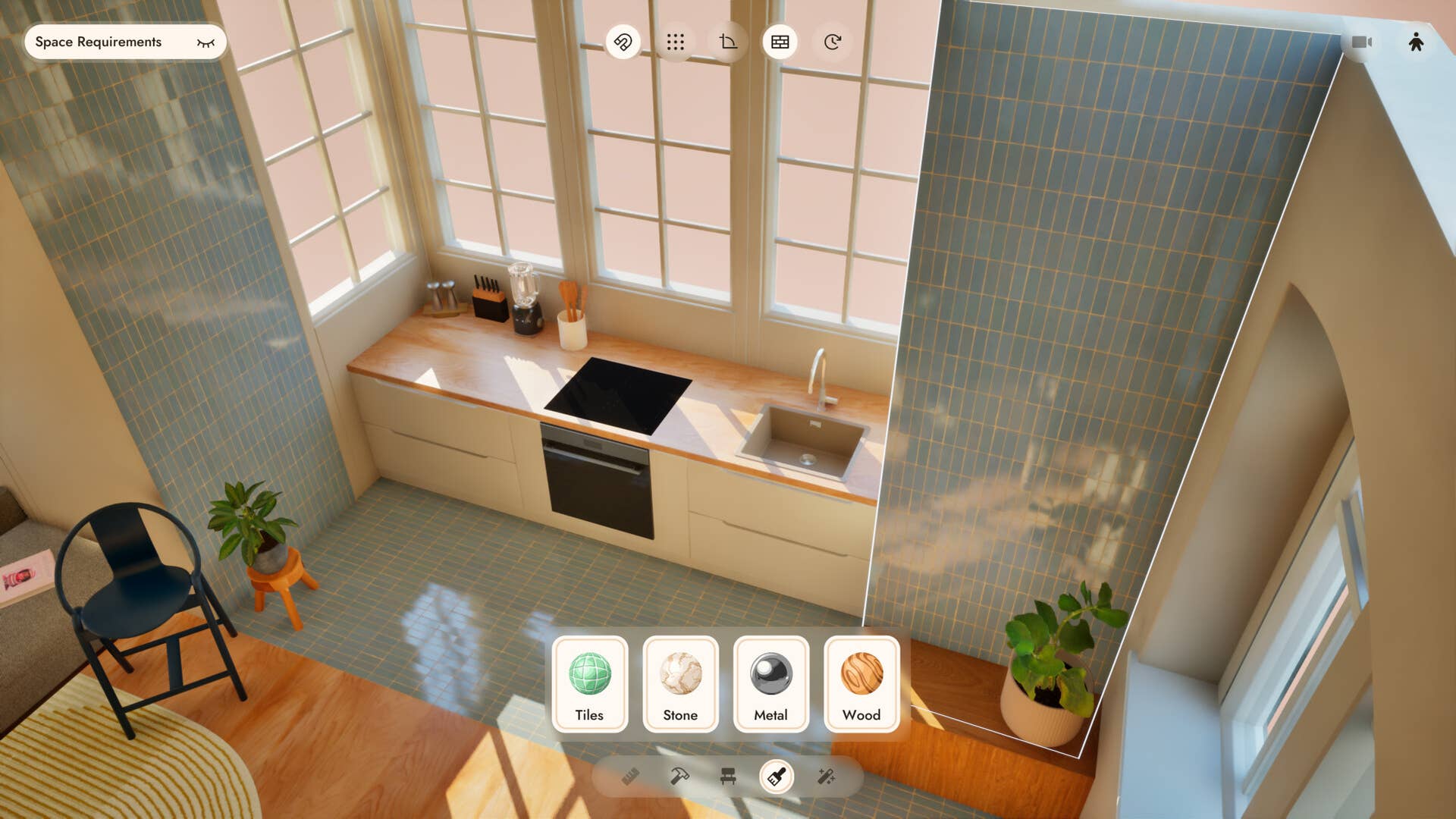A kitchen layout in small spaces, with an awkwardly placed chair.
