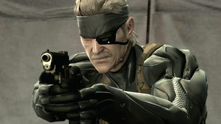 Close up of old man Snake in futuristic camo suit with eye patch pointing a pistol from Metal Gear Solid 4