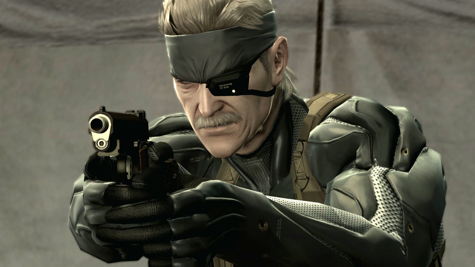 Close up of old man Snake in futuristic camo suit with eye patch pointing a pistol from Metal Gear Solid 4