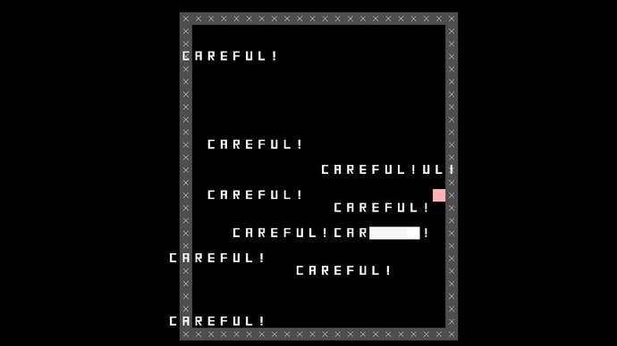 A pixel snake navigates a box with ‘careful!’ obscuring the screen.