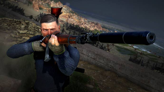 Sniper Elite’s Karl Fairburne aims with a suppressed rifle
