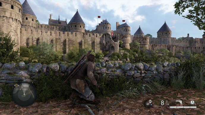 Your character Harry squats behind the foreground stone wall, the resistance of the sniper elite. In the background, under the gloomy sky, there is a castle or fortress with turrets and high stone walls on it. There is the entrance to the magician on the Nazi banner.