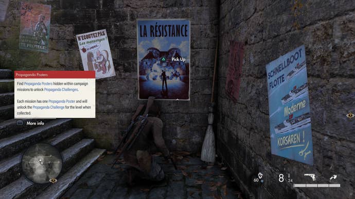 Your character, Harry, crouches in front of a poster with “La Resistance” emblazoned across it in Sniper Elite Resistance. A pop up explains that if you collect the poster in every mission, you’ll unlock Propaganda mode.