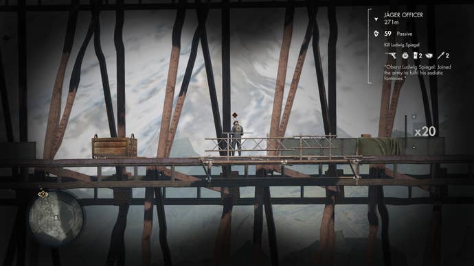 A view down Harry’s binoculars in Sniper Elite Resistance, which can be used to scout ahead, tag your enemies, and get further information on them. Somehow, Harry’s binocs tell him this shoulder has a heart rate of 59bps and is a Jäger Officer. He is 271m away.